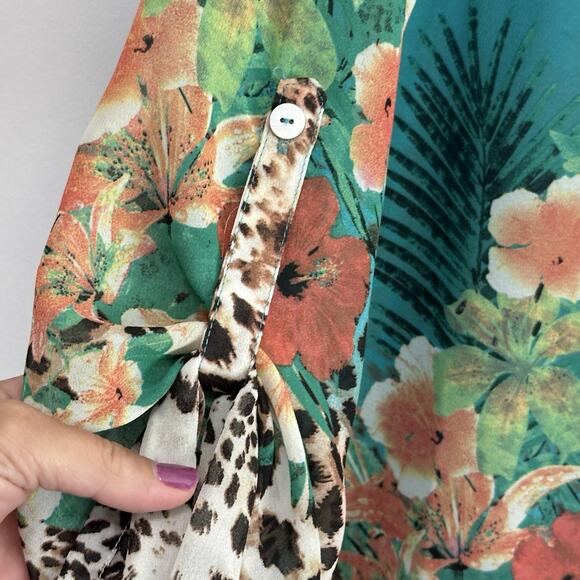 Soft Surroundings Animal Tropical Print Chiffon Blouse XL Semi Sheer‎ Roll Tab - Picture 5 of 12
